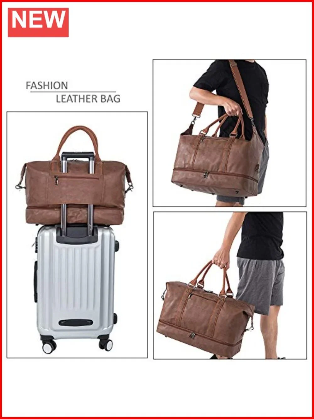 Waterproof 52L Leather Travel Duffel Bag with Shoe Pouch